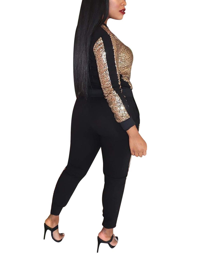 SIAEAMRG Women 2 Piece Glitter Sequin Outfits Tracksuit, Long Sleeve Jacket Tops Bodycon Long Pants Sparkle Sweatsuit Club Wear (XL, Rose Gold) - Image 3